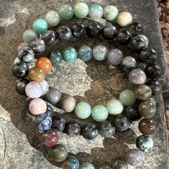Set of 3 bracelets.  Amazonite, Flashy moonstone, Agates. Natural gem crystals - Picture 6 of 10